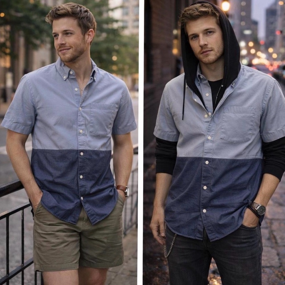 J.Crew Sunwashed Oxford Colorblock Shirt Mens Sz XS Blue Short Sleeve Preppy